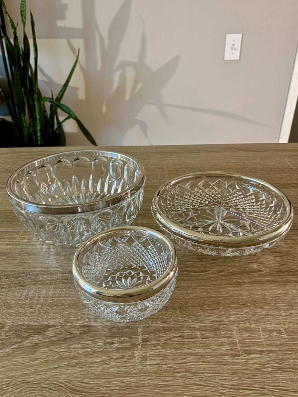 Crystal Cut Glass Serving Bowls with Silver Rim (Set of 3)